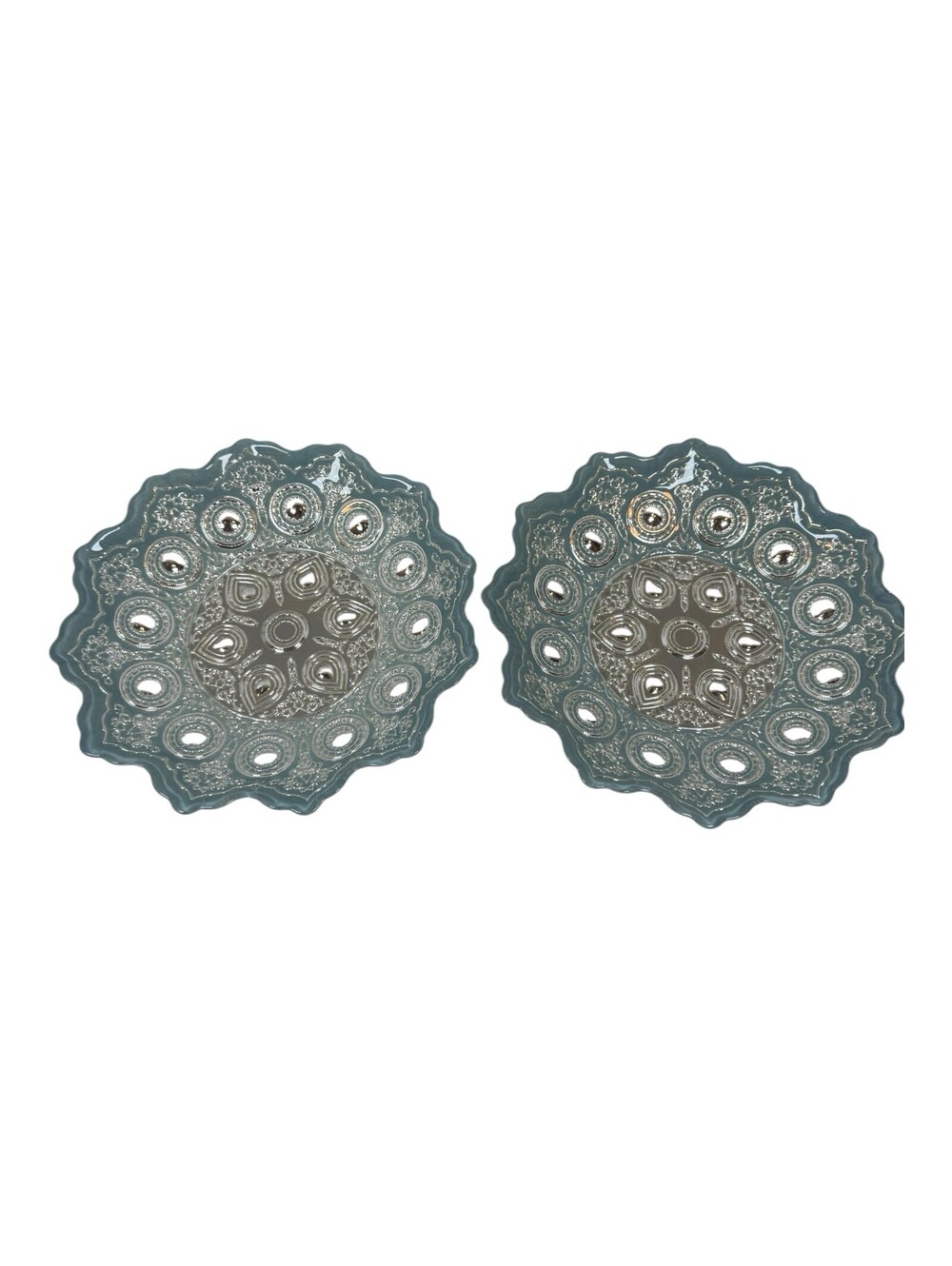 Set Of 2 - Rare Handmade Turkish Silver Teal Blue Glass Decorative Plate Bowl 9"